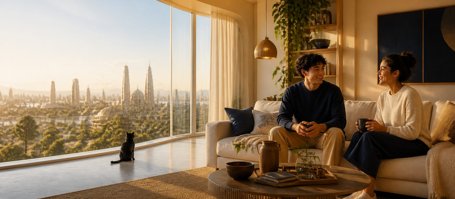 Two friends sharing a warm conversation in a sunlit home overlooking a gentle future city